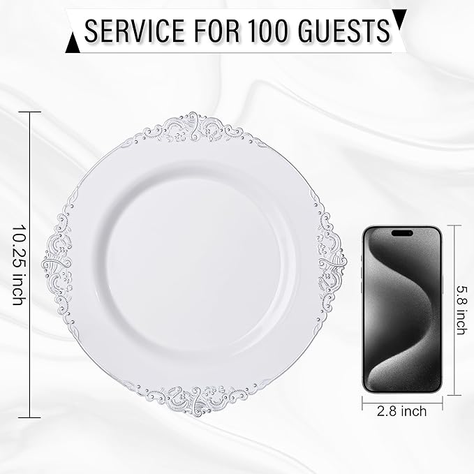 Nervure 100PCS White and Silver Plastic Plates - 10.25Inch Silver Disposable Plates - Heavyweight Dinner Plates for Wedding & Party & Holiday