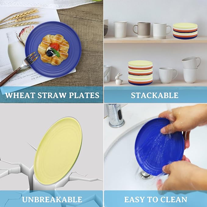 Appetizer Plates Set of 8-6 Inch Wheat Straw Dessert Plate - Unbreakable Snack Plates easy to clean - Small Plate for Kitchen. White-Yellow-Orange-Blue