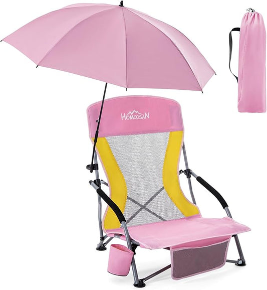 Homcosan Portable Low Folding Beach Chair with Detachable Umbrella - Lightweight Camping Chair for Adults with Cup Holder & Storage Pocket, Carry Bag Included (Pink & Yellow)