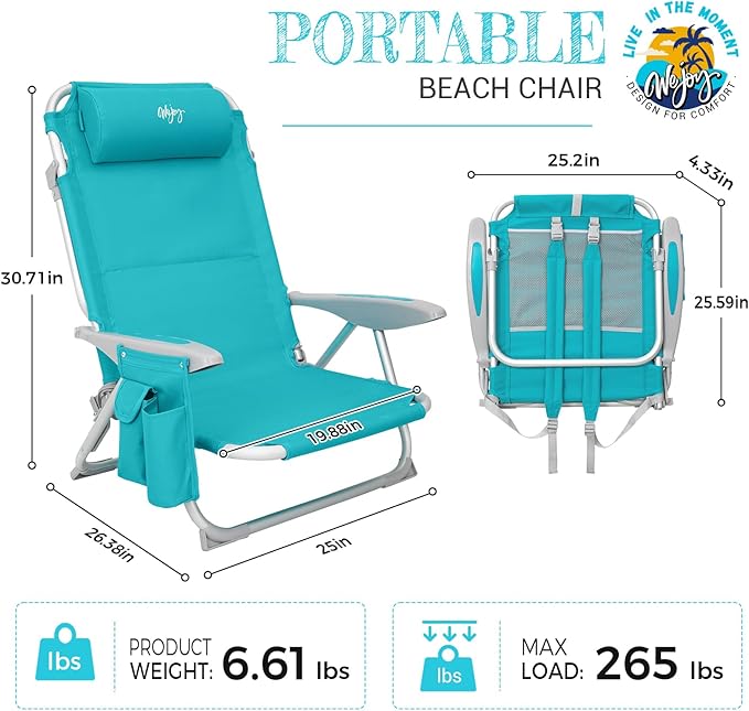 #WEJOY Folding Beach Chair for Adults, 4-Position Aluminum Lightweight Beach Chair, Low Sands Chairs with Shoulder Strap, Cup Holder and Padded Headrest, Supports 265lbs for Lawn
