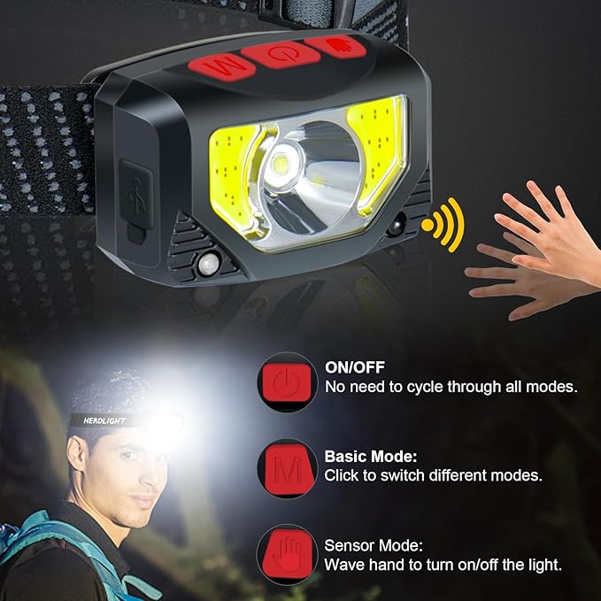 LED Headlamp Rechargeable, 4 Pack Head Lamp Flashlight Headlight Light with Motion Sensor for Outdoor Camping Biking Running Fishing