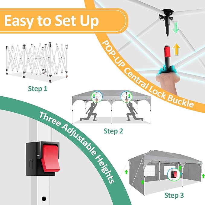 COBIZI 10x20 Pop Up Canopy: Canopy Tent with Patented Center-Lock Tech | Quick-Setup,UV-Reflective & Detachable Walls | 210D Waterproof | 3 Height Adjustments for Parties,Weddings,Outdoor Events(Gray)