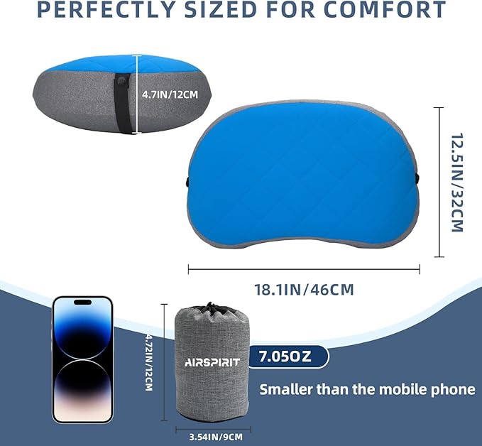 AIRSPIRIT Ultralight Camping Pillow Inflatable with Removable Washable Cover, Compact Travel Pillow for Neck Support, Hiking, Backpacking, Office, Airplane, Car & Beach - Adjustable Firmness (Blue)