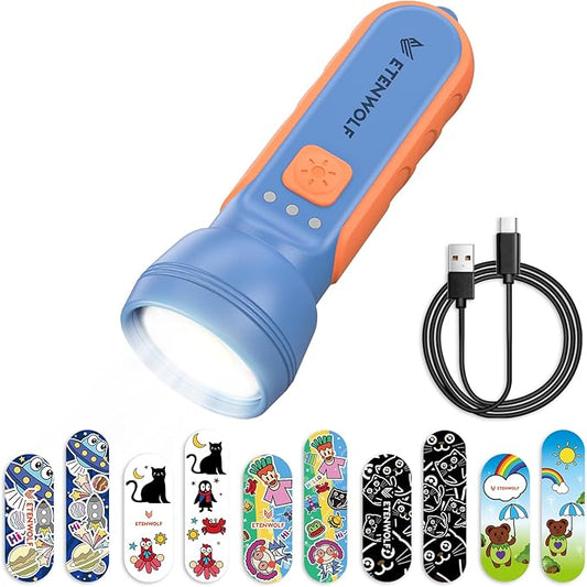 ETENWOLF L1 Flashlight Rechargeable, Mini Flashlight with Fun Stickers, 1500mAh Battery Adjustable Brightness with 6 Light Modes,IPX5 Waterproof Flashlight for Home, Camping and Emergencies, Blue