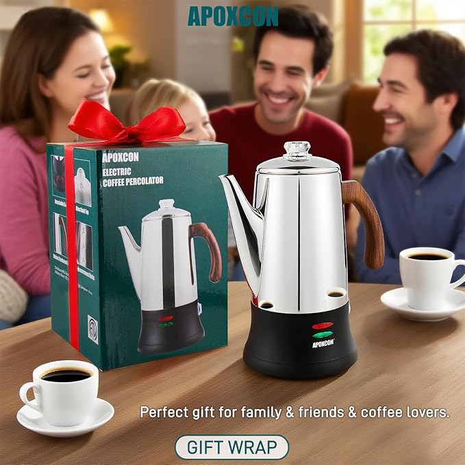 Electric Coffee Percolator Stainless Steel Coffee Maker with Two Heat Resistant Glass Knob & Treated Solid Wood Handle Keep Warm Cordless Serve Elegant Design Coffee Pot On/OFF Switch 8 Cup