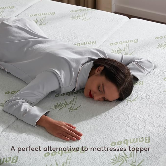 SINWEEK Memory Foam Folding Mattress, 4 Inch Foldable Trifold Mattress Topper, CertiPUR-US Certified Guest Bed with Cooling Cover & Waterproof Lining