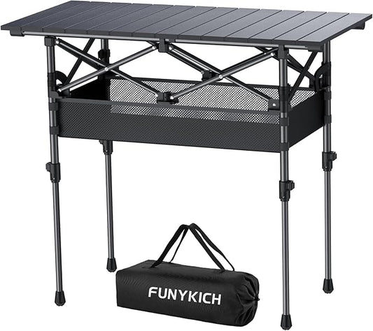 FUNYKICH Folding Camping Table(L32.3''xW15.7''), Aluminum Roll-up Portable Picnic Table with 2 Adjustable Height, Large Storage and Carrying Bag for Picnic, Camping, BBQ, Party, Backyard, Beach
