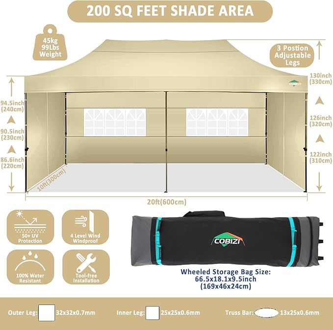 COBIZI 10x20 Pop Up Canopy with 6 Sidewall,Heavy Duty Canopy UPF 50+ All Season Wind Waterproof Commercial Outdoor Wedding Party Tents for Parties Gazebo with Roller Bag(10 x 20 ft Khaki)