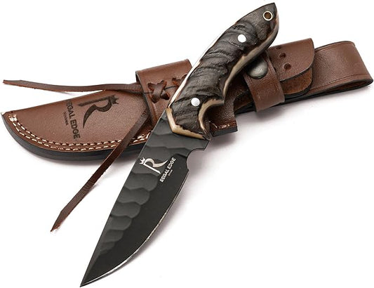 Fixed Blade Knife – 9" Black Coated Drop Point Hunting Knife With Leather Sheath - Full Tang 1095c High Carbon Steel - For Outdoor Use