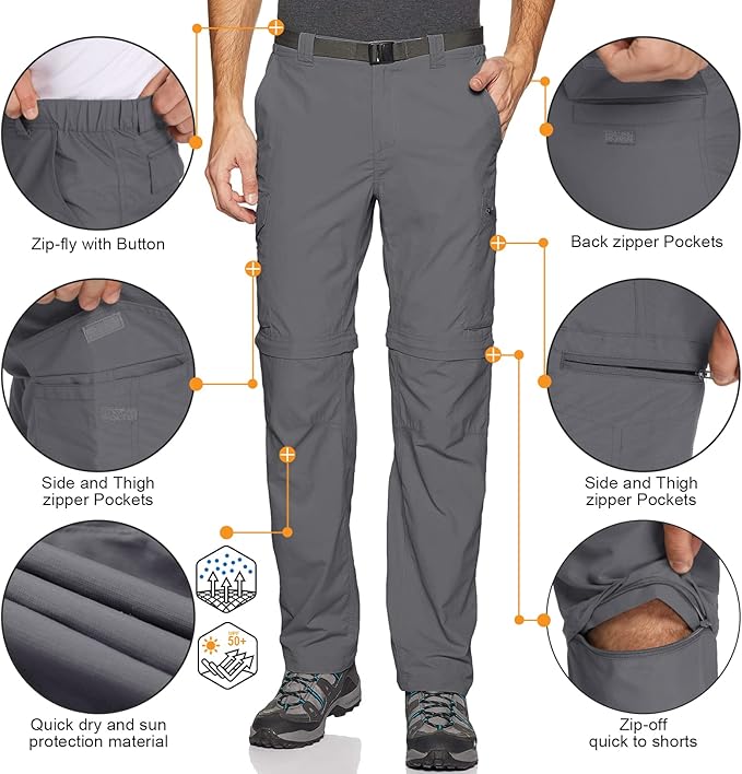 Mens Hiking Pants Convertible Lightweight Quick Dry Zip Off Fishing Safari Camping Travel boy Scout Pants