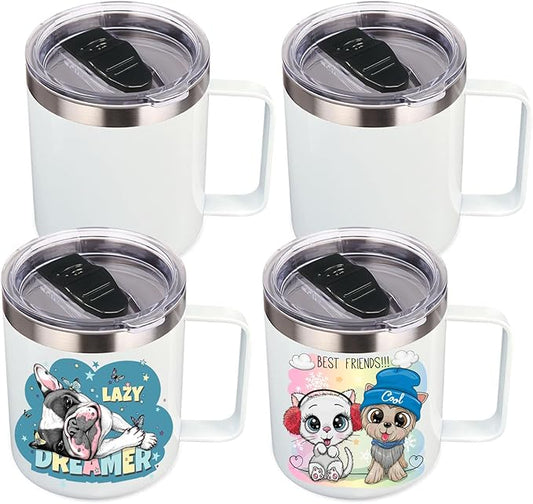 Volhoply 14oz sublimation Insulated Stainless Steel Coffee Mug with Lid Bulk 4 Pack,Double Wall Vacuum Travel Coffee Cup with Handle,Reusable Metal Cups Tumbler,Camping Mugs Keep Hot(Sublimation,4)