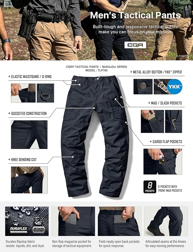 CQR Men's Flex Ripstop Tactical Pants, Water Resistant Stretch Cargo Pants, Lightweight EDC Hiking Work Pants