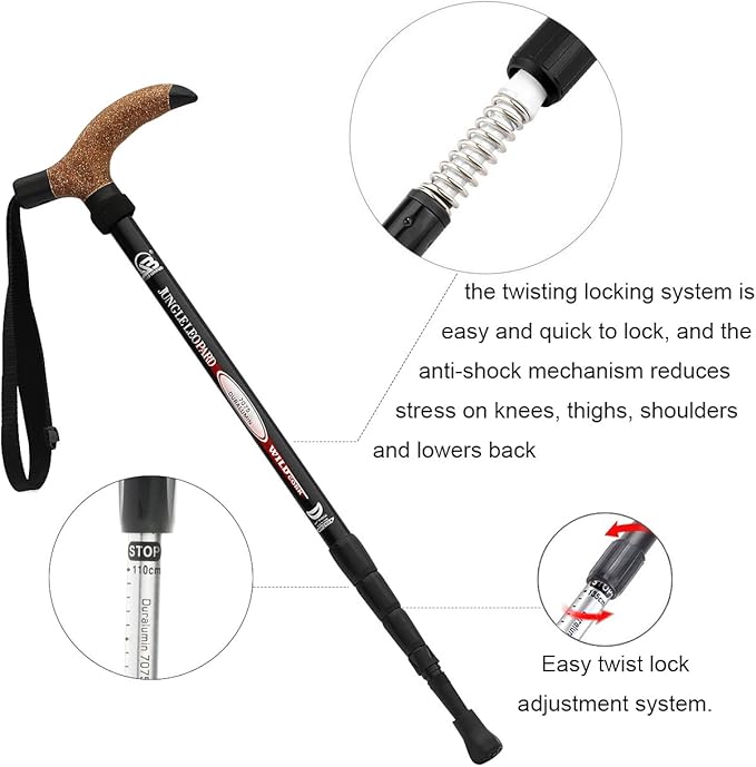 Aluminum Alloy Quick Lock Trekking Pole Anti-Shock Walking Stick Adjustable Cane Crutch for Mountains Trekking Hiking,Ultralight Collapsible with Cork Grips Tungsten Tips