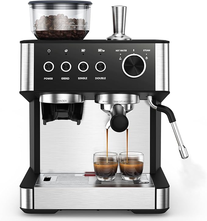 (2025 Upgrade)20 Bar Espresso Machine with Built-in Anti-Clog Coffee Grinder, Expresso Coffee Machines with Milk Steam Wand/Frother/Tamping Tools,Espresso Maker with Grinder for Lattes-Charcoal