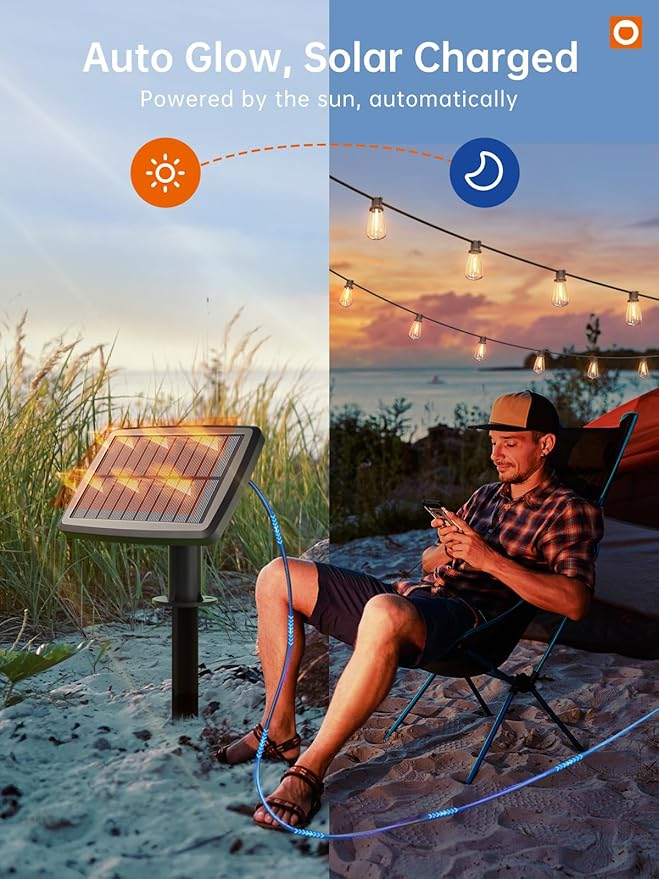 addlon 35FT Solar String Lights Outdoor, IP54 Waterproof Solar Powered with Remote & USB Port, 10+1 LED Shatterproof Bulbs, Dimmable Solar Light Outdoor for Camping Backyard Bistro Porch
