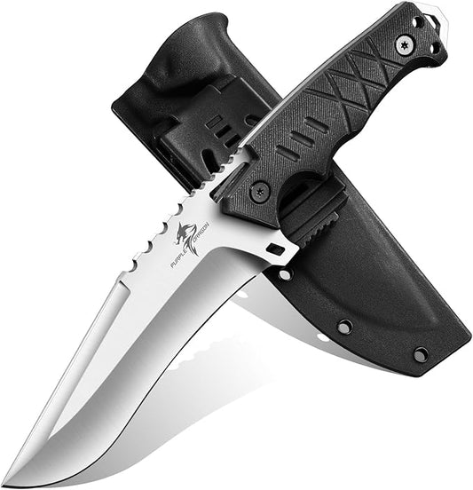 Purple Dragon Tactical Knife with Kydex Sheath - D2 Steel Survival Knives for Camping, Bushcraft, Hunting - Ergonomic G10 Handle Outdoor Survival Gear Gift for Men(Black)