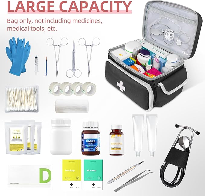 First Aid Bag Empty, Small Medicine Bag Portable Medical Supplies Organizer for Travel, Home, Office, Car, Outdoor, Camping, Hiking (Black)