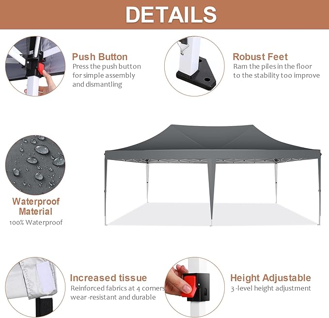 COBIZI 10x20 Pop Up Canopy Tent with Sidewalls,Party Tent Outdoor Gazebos, Waterproof & UV50+,3 Adjustable Heights,Higher Frame Design - Extra Tall for Parties Backyard,Weddings,Markets,Gray