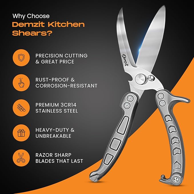 Poultry Shears Heavy Duty Professional, Kitchen Shears for Food, Kitchen Scissors Heavy Duty, Food & Meat Scissors, Dishwasher Safe Chicken Cutters. Spring Loaded, Silver