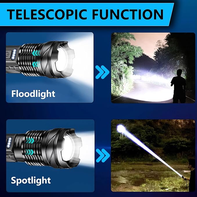 Rechargeable LED Flashlights, 90,000 Lumens Super Bright Handheld Flashlight, 7 Modes with COB Work Light, IPX6 Waterproof, Adjustable Tactical Flash Light for Home,Camping and Emergencies-2 Pack