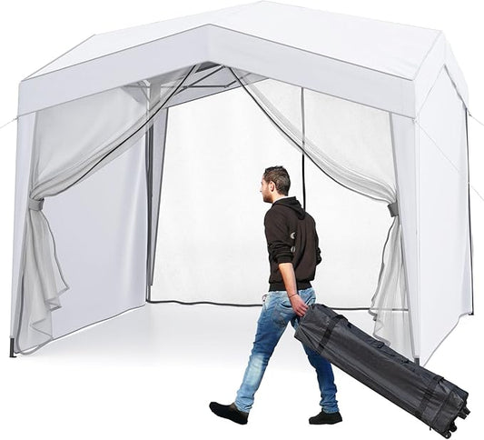 Tangkula 10x10Ft Pop up Canopy with Sidewalls, UPF50+ Portable Outdoor Screen Tent with Mesh Netting, Wheeled Bag, 8 Stakes, 4 Wind Ropes, Easy Set-Up Canopy Tent for Beach Party Event Camping (White)