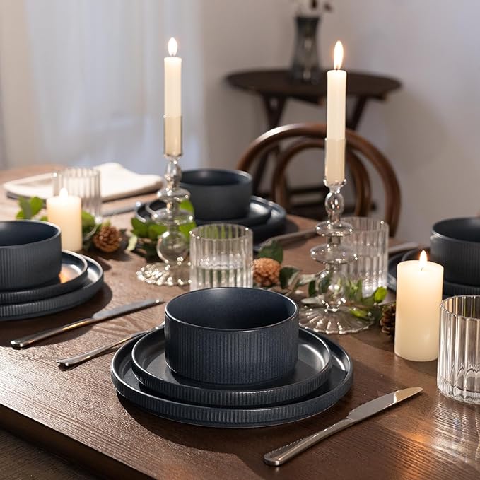 famiware Star Salad Plates for 6, 8 inches Plate Set, Stoneware Dinnerware, Small Dinner Plates for Dessert, Salad, Appetizer, Matte Dark Charcoal (Full Glaze)