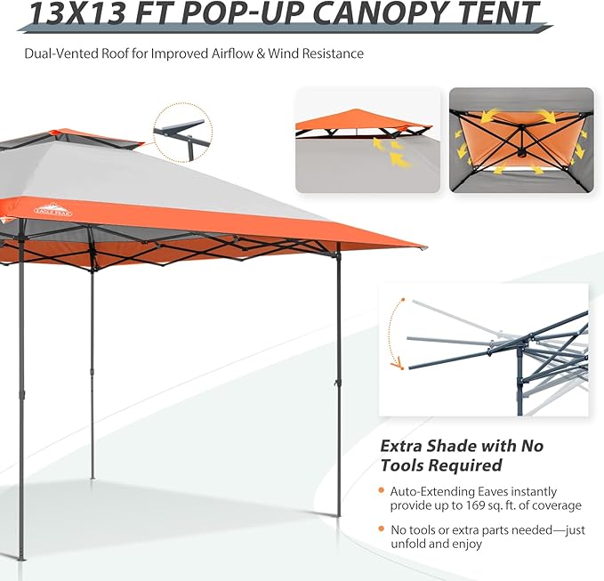 EAGLE PEAK 13x13 Straight Leg Pop Up Canopy Tent Instant Outdoor Canopy Easy Single Person Set up Folding Shelter w/Auto Extending Eaves 169 Square Feet of Shade (Orange)