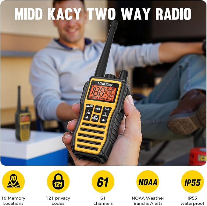 Midd Kacy MK208 Walkie Talkies-Two Way Radio-Rechargeable,61 Channels,121 Privacy Codes,New Flashlight,MEM,IP55 Waterproof,SOS,NOAA Weather Alerts,VOX,Dual Watch-Black/Yellow,2 Pack