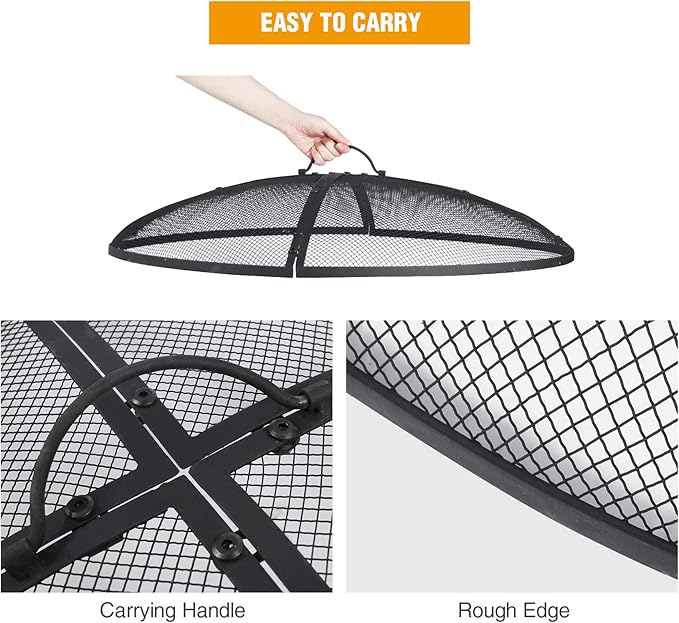 Lineslife Fire Pit Spark Screen, Fire Pit Screen 30 Inch Round with Handle & Poker, Heavy Duty Collapsible Outdoor Fire Pit Mesh Screens, Metal Firepit Lid for Patio Backyard Beach RV Camping, Black