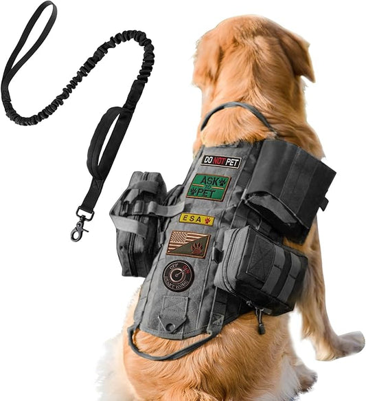 AIWAI Tactical Dog Harness with Pouches,Dog Vest Harness for Large Medium Dogs No-Pull Adjustable Military Dog Harness with Handle Walking Hiking Training (Black(with Leash), XL)