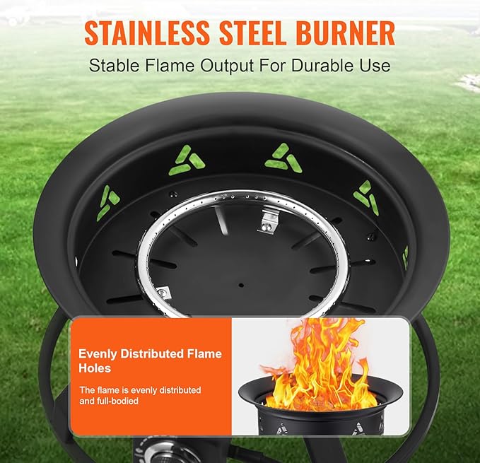 VEVOR Propane Fire Pit, 24-Inch Diameter Outdoor Portable Gas Fire Pit with Cover & Lava Rocks, Adjustable Flame Height Camping Firepit for Heating, Lighting, Gathering, 58,000 BTU, Black