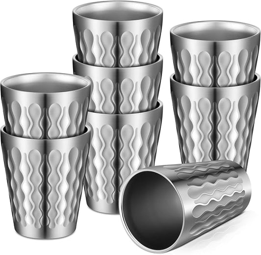 8 Pack Stainless Steel Cups Pint Cup Metal Double Layer Insulated Drinking Beer Water Tumbler Camping Reusable Stackable for Office Party Hot Cold Drink (Silver,8.8oz)