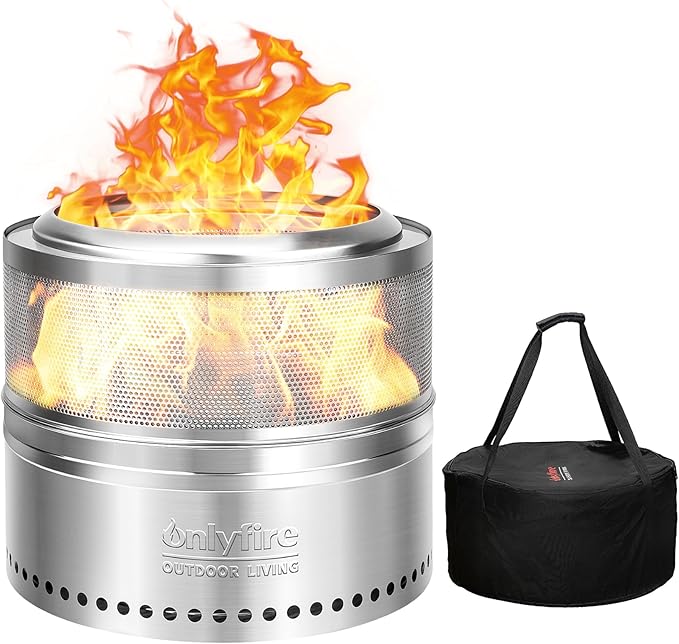 Onlyfire Wood Burning Fire Pit with Carrying Bag, 20” Detachable Portable Outdoor Firepit for Camping Tailgating Patio Backyard Bonfire Party, Perforated Smokeless Fireplace, Stainless Steel FP037