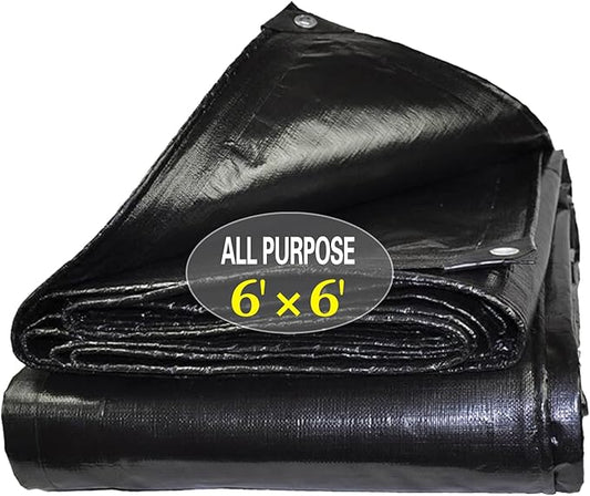 Tarps Heavy Duty Waterproof 6x6ft,TEZONG 12Mil Poly Tarp Multipurpose Tarpaulin Outdoor Cover Black for Emergency Rain,Patio Furniture,Roof,Camping,Car,Pool