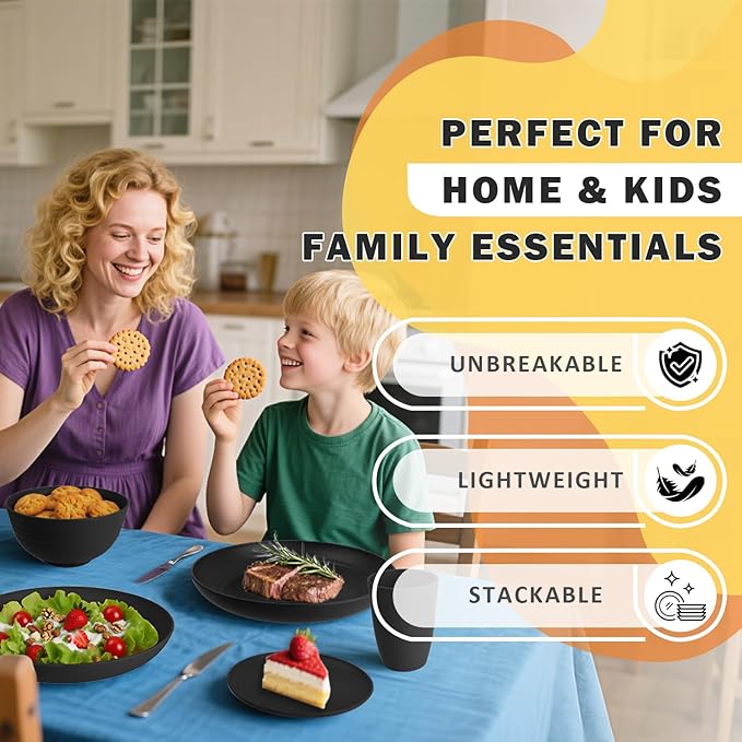 Wheat Straw Dinnerware Sets for 8, 32 Piece Unbreakable Plates and Bowls Sets, Alternative Plastic Dinnerware Set for Kitchen Outdoor and Apartment Dinning Essentials - Black