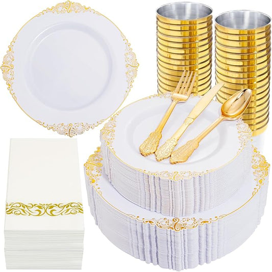 Nervure 350PCS Gold Plastic Dinnerware - White and Gold Disposable Plates for 50 Guests - 100 White Disposable Plates, 150 Plastic Silverware, 50 Cups, 50 Napkins for Wedding & Party & Thanksgiving