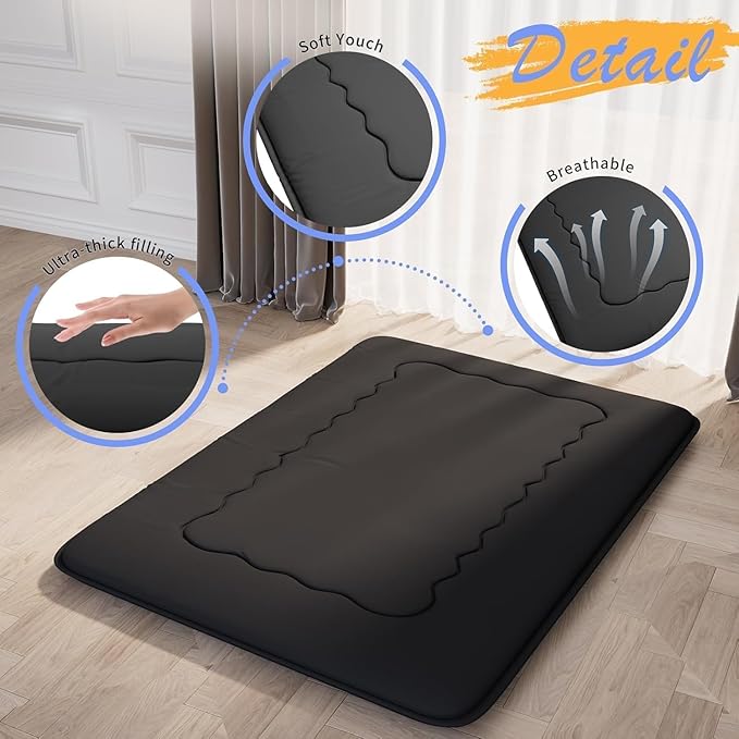Japanese Futon Mattress, Foldable Tatami Mat Portable Dormitory Sleeping Pad with Bag & Strap, Floor Thicken Sleeping Roll up Camping Mattress (Black WS1, 60"X80")