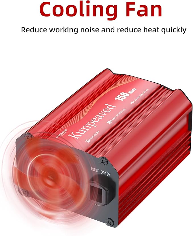 150W Power Inverter DC 12V to 110V Car Charger Converter with Dual USB Ports and AC Outlets for Air Compressor Laptops, Road Trip Accessories (Red)