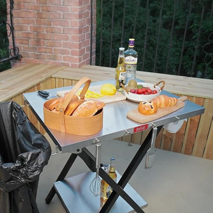 Outdoor Grill Table, Foldable Pizza Oven Stand & Griddle Stand with Garage Rack & Tissue Holder, Folding Outdoor Prep Table for Gathering and Party, 30" x 24", Stainless Steel