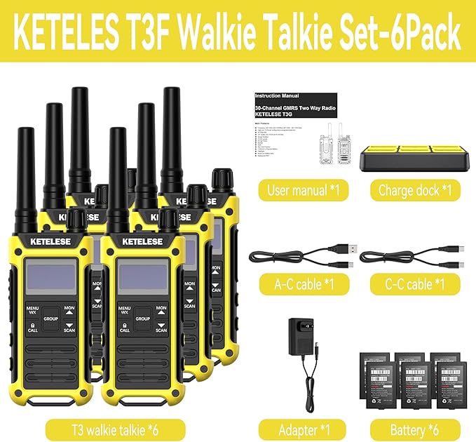 T3F Walkie Talkies 6 Pack for Adults, IP67 Waterproof 2 Way Radios Rechargable, with Earpiece and Mic, Shock Resistant, Dual PTT, One Key Group Call, VOX, NOAA&Wheather Alert, Black/Yellow