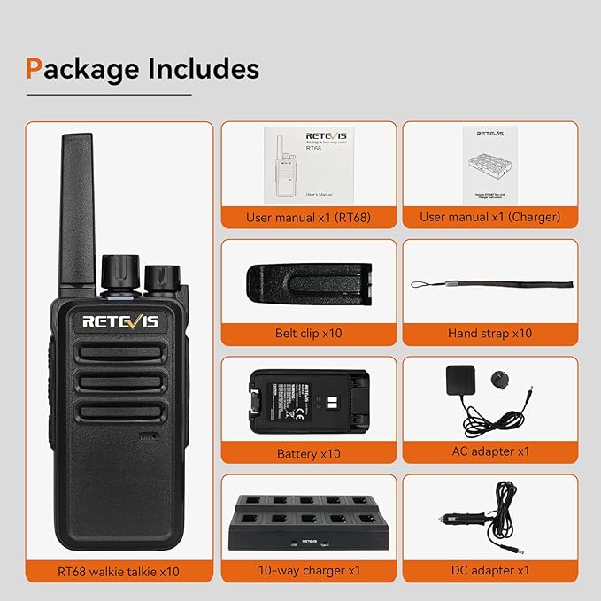 Retevis RT68 2 Way Radio, Long Range Walkie Talkies for Adults (10 Pack) with 10 Multi Way Charger, Easier Securer Charging, 1200mAh, Compact Handheld Two Way Radios Rechargeable for Industry