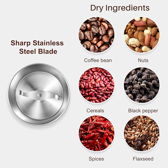 Secura Electric Coffee Grinder and Spice Grinder with 1 Stainless Steel Blades Removable Bowl, Dry Grinding