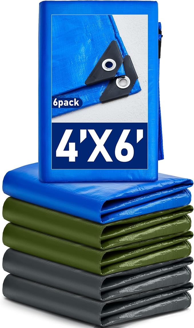 6 Pcs Large Waterproof Tarp 4 x 6 ft Heavy Duty 5.5 Mil Thick Poly Tarpaulin with Grommets Multipurpose Protective Cover for Summer Home Boats Cars Camping RV Pool Tent