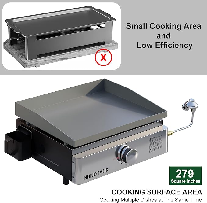 18 Inch Tabletop Propane Gas Grill Griddle with Lid & Stainless Steel Front Plate, Portable Propane Flat Top Grill for Outdoor, Cooking, BBQ, Camping