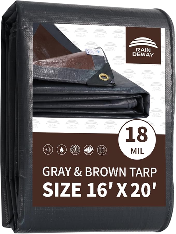 RAINDEWAY 16x20 Feet Super Heavy Duty Tarp 18 Mil, UV Resistant, Weatherproof, Multipurpose Waterproof Poly Tarp with Grommets and Reinforced Edges, Brown/Gray Tarps