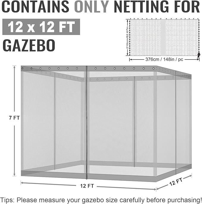 COWVIE Gazebo Replacement Netting Screen, 12' x 12' Universal Gazebo 4-Panel Mosquito Sidewalls with Double Zippers for Outdoor Patio (Only Netting)