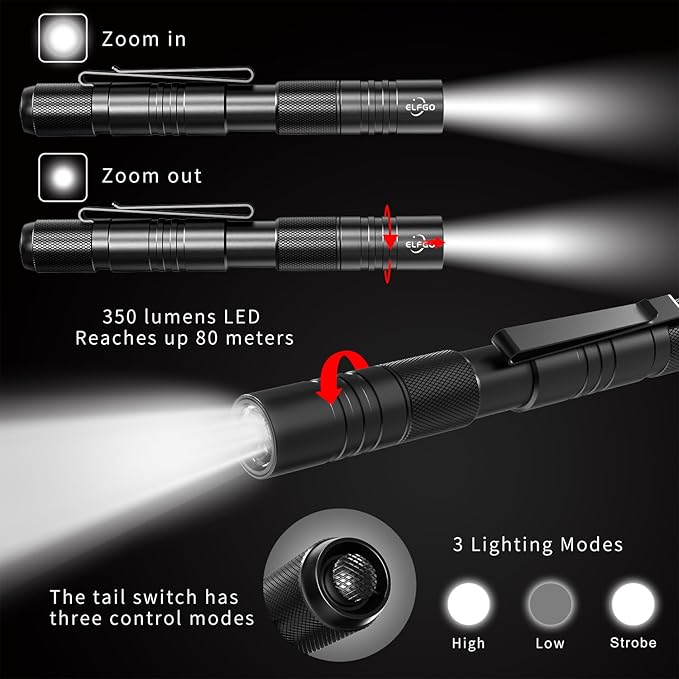 Rechargeable Zoomable LED Penlight, 3 Modes, 350 Lumens Pocket Size Clip Flashlight for Nurse, Inspection, Repair, Emergency