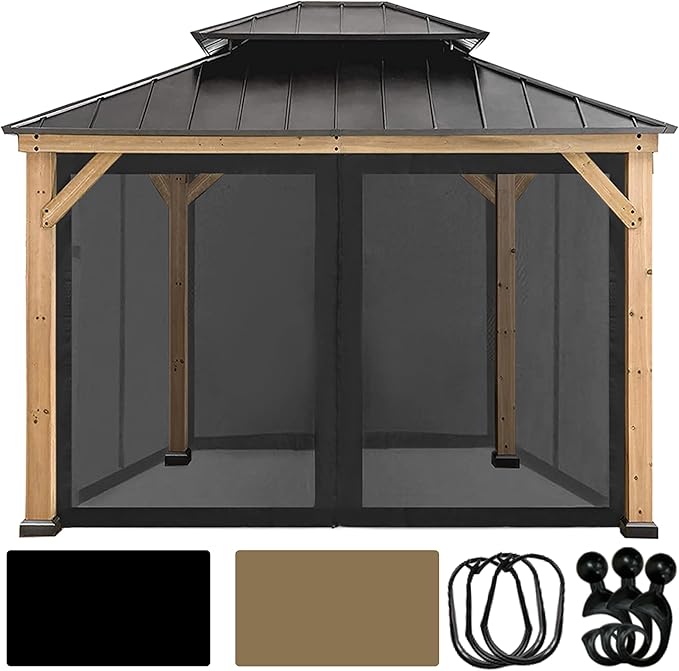 Coastshade Gazebo Canopy Mesh Walls Replacement 8x8 Gazebo Pergola Mosquito Screen Netting for Gazebos with 42Curtain Rings & 42Rail Hooks,Black