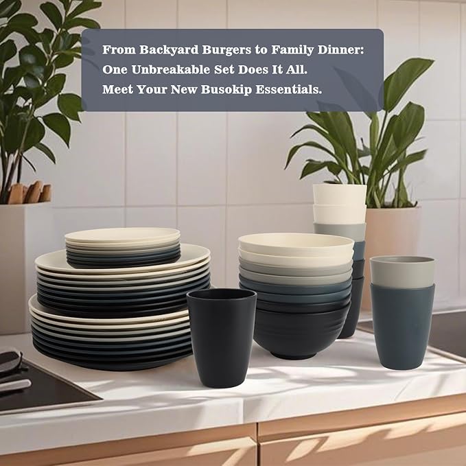 40 PCS Wheat Straw Dinnerware Set | Unbreakable Dishes Set for 8 - Alternative to Plastic Plates and Bowls Sets, Cereal Bowl, Water Cups, Dishwasher & Microwave Safe Bowls for Kitchen - Dark