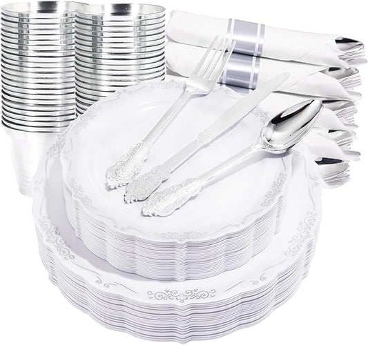 U-QE 175PCS Silver Plastic Plates & Pre Rolled Napkins with Silver Plastic Cutlery for 25 Guests, Great for Party & Wedding
